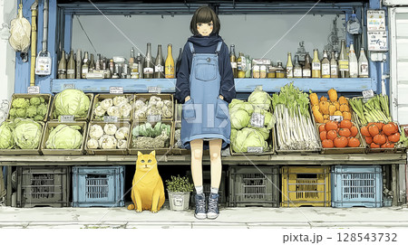 八百屋で野菜を販売する女性のイラスト素材 128543732
