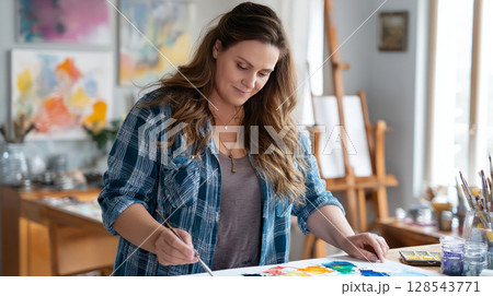 A woman with obesity enjoying a creative hobby, painting in her art studio, expressing herse 128543771