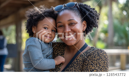 A smiling plus-size woman with a child, enjoying a day at the zoo, embracing the moments togethe 128543772