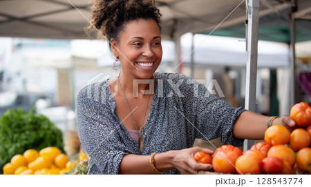 A smiling overweight woman at a farmer market, picking out fresh produce with a joyful expression 128543774