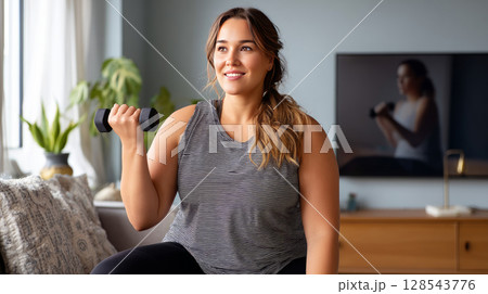 A plus-size woman working out in her living room, following a fitness video on her TV. 128543776