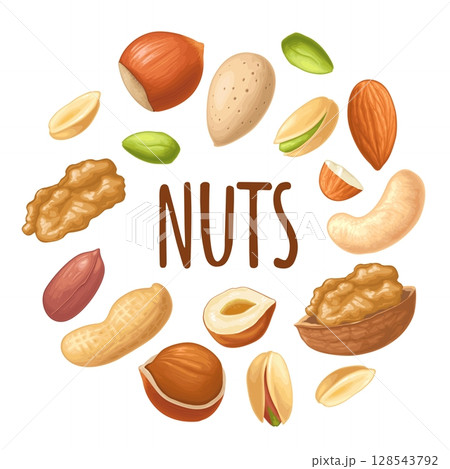 Set hazelnut, peanut, almond, cashew, pistachio, walnut. Vector realistic icon nut 128543792