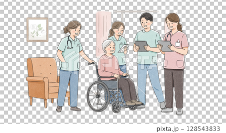 Illustration of a team of caregivers and users working together in a bright and clean nursing facility 128543833