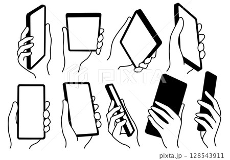 いろいろな角度から見たスマートフォンを持つ手のベクターイラストセット 128543911