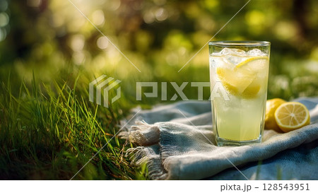 A refreshing glass of lemonade with lemon slices sits on a blue cloth in a grassy area. Sunlight filters through the trees, creating a warm atmosphere. A refreshing glass of lemonade with lemon slices sits on a blue cloth in a grassy area. Sunlight filters through the trees, creating a warm atmosphere. 128543951