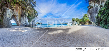 Wide view of Cathedral Cove beach and cliffs Wide view of Cathedral Cove beach and cliffs 128544039