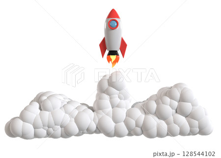 煙を上げて打ち上げられるロケットの3Dイラスト 128544102