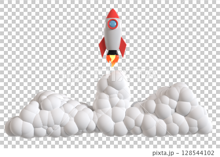 煙を上げて打ち上げられるロケットの3Dイラスト 128544102