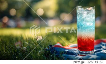 A colorful drink with red, white, and blue layers sits on a picnic blanket in a park. The scene captures the essence of Independence Day celebrations in the USA. 128544182