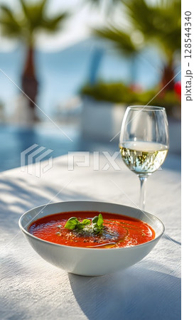 Cold tomato gazpacho soup in a white bowl, garnished with herbs. A glass of white wine beside it. Summer setting with palm trees in the background. Cold tomato gazpacho soup in a white bowl, garnished with herbs. A glass of white wine beside it. Summer setting with palm trees in the background. 128544340