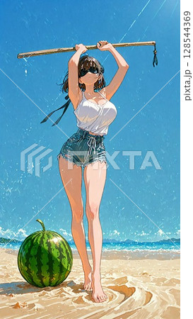 海辺でスイカ割りをする女性 128544369