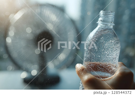 A hand holds a water bottle with condensation. In the background, a fan circulates air. The scene conveys themes of heat, summer, and cooling solutions. 128544372