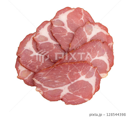slices of pork neck cured isolated slices of pork neck cured isolated 128544398