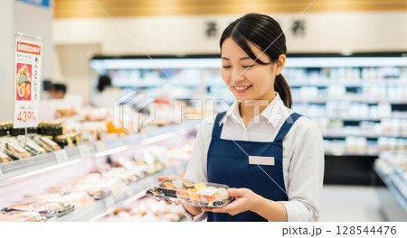 スーパーの惣菜売り場で寿司を選ぶ女性店員 128544476