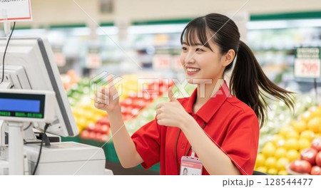 スーパーのレジでサムズアップする笑顔の女性店員 128544477