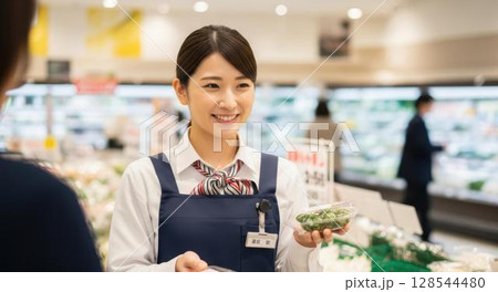 青果売り場で笑顔で接客する女性スタッフ 128544480