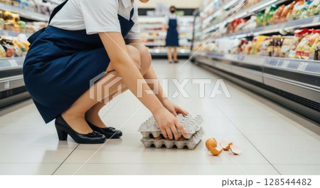 スーパーマーケットの通路で割れた卵を片付けている女性店員 128544482