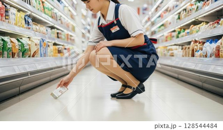 ーパーの通路で商品を陳列する女性店員 128544484