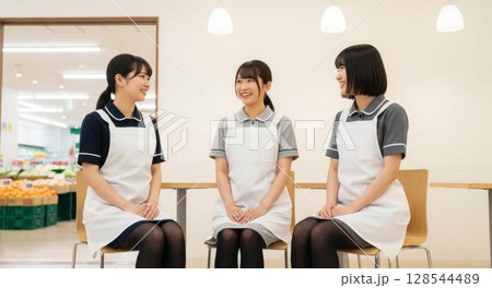 スーパーの休憩室で談笑する3人の女性店員 128544489