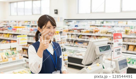 笑顔でグッドポーズをするレジ係の女性スタッフ 128544491