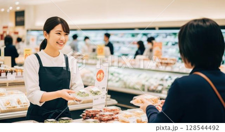 スーパーの惣菜売り場でお客様に商品を渡す女性店員 128544492