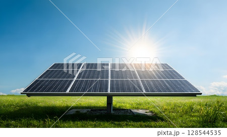 Solar panels installed on a grassy field under a clear blue sky. The sun shines brightly, symbolizing green energy and sustainable development. 128544535
