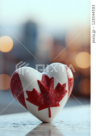 A heart-shaped decoration features the red maple leaf and colors of the Canadian flag. It symbolizes patriotism and independence on Canada Day, July 1. 128544593