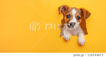 Playful puppy is peeking through a torn hole in vibrant yellow background, showcasing curiosity and charm in a delightful pet portrait 128544673
