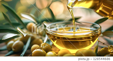 Olive oil is being poured into a glass bowl surrounded by fresh olives and olive branches, showcasing natural ingredients and culinary beauty 128544686