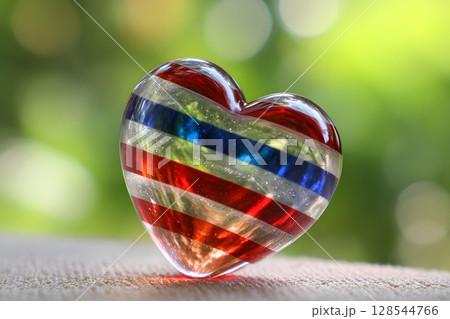 A glass heart with red, white, and blue stripes. The heart symbolizes love and is suitable for Valentine's Day and Independence Day celebrations. 128544766