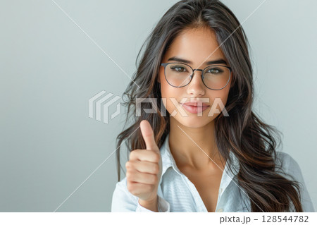 Young woman with glasses is smiling and giving a thumbs up gesture, showcasing positivity and confidence in a bright, minimalistic environment 128544782