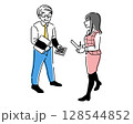 金融関係の仕事をする事務員の男性と、事務仕事をする制服姿の女性のイラスト 128544852