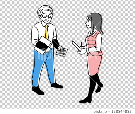 從事金融業的男性辦公室職員和一名身穿制服的女性辦公室職員的插圖 128544852