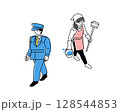 掃除をする女性と、警備員の男性の全身ベクターイラスト 128544853