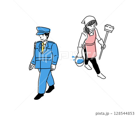 掃除をする女性と、警備員の男性の全身ベクターイラスト 128544853