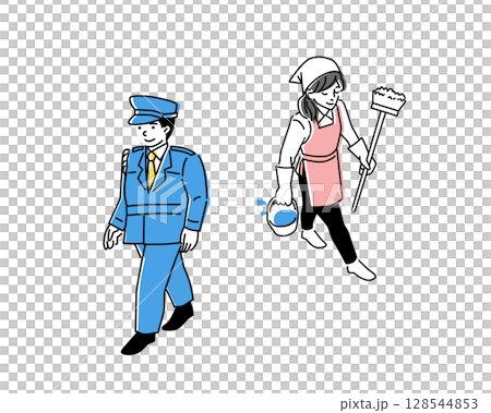 一名清潔女工和一名保全人員的全身向量插圖 128544853