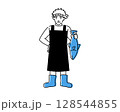 大きな魚一尾を掲げる男らしい魚屋さんのイラスト 128544855