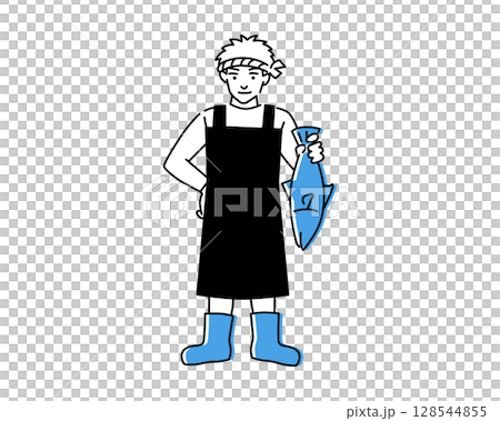大きな魚一尾を掲げる男らしい魚屋さんのイラスト 128544855