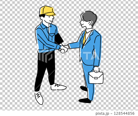 一幅全身插圖，描繪了一位推銷員風格的男人和一位工廠工人風格的男人握手並互相凝視 128544856