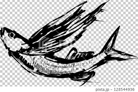 A sumi-e illustration of a jumping flying fish A sumi-e illustration of a jumping flying fish 128544936