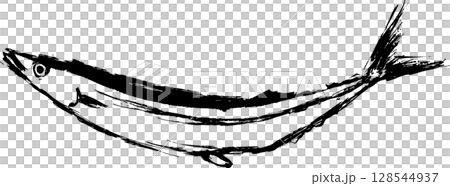 ジャンプする秋刀魚の墨絵イラスト 128544937