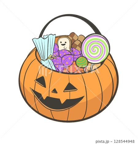 ハロウィンのかぼちゃバケツに入ったお菓子のイラスト｜ジャックオランタン・キャンディ・チョコレート 128544948