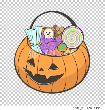 ハロウィンのかぼちゃバケツに入ったお菓子のイラスト｜ジャックオランタン・キャンディ・チョコレート 128544948