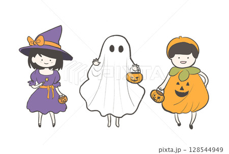 ハロウィンの仮装をした子供たちのかわいいイラスト｜魔女・おばけ・かぼちゃ 128544949