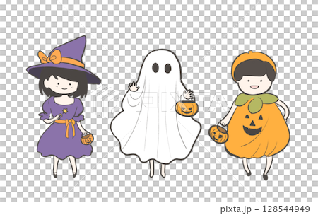 ハロウィンの仮装をした子供たちのかわいいイラスト｜魔女・おばけ・かぼちゃ 128544949
