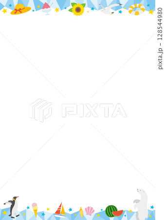 夏をイメージした氷の縦型の上下のフレームイラスト_青 128544980