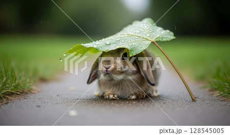 Adorable Bunny Sheltering from Rain Under Green Leaf on Wet Pathway Adorable Bunny Sheltering from Rain Under Green Leaf on Wet Pathway 128545005