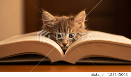 Curious Tabby Kitten Reading Book Lying Between Open Pages Warm Tones 128545008
