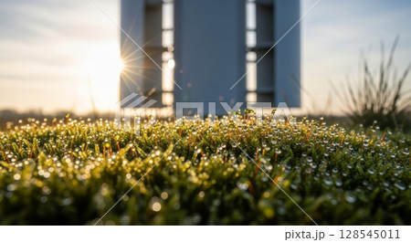 Dewy Moss and Sunlight with Modern Architecture Silhouette at Sunrise 128545011