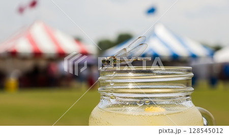Dragonfly Perched on Lemonade Jar at Outdoor Summer Event with Colorful Tents 128545012